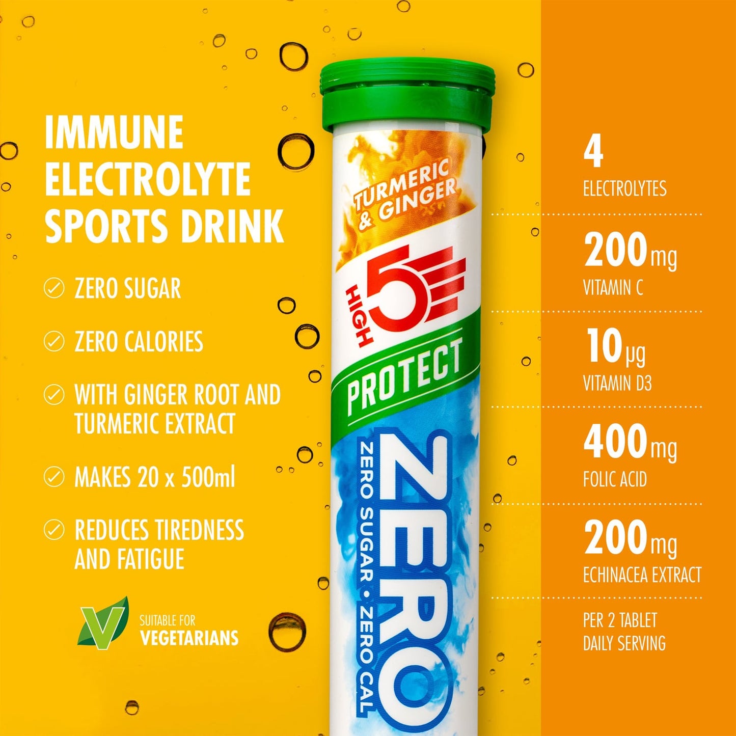 Boisson Anticrampe High5 ZERO PROTECT Tubo da 20 Pastiglie Curcuma Zenzero