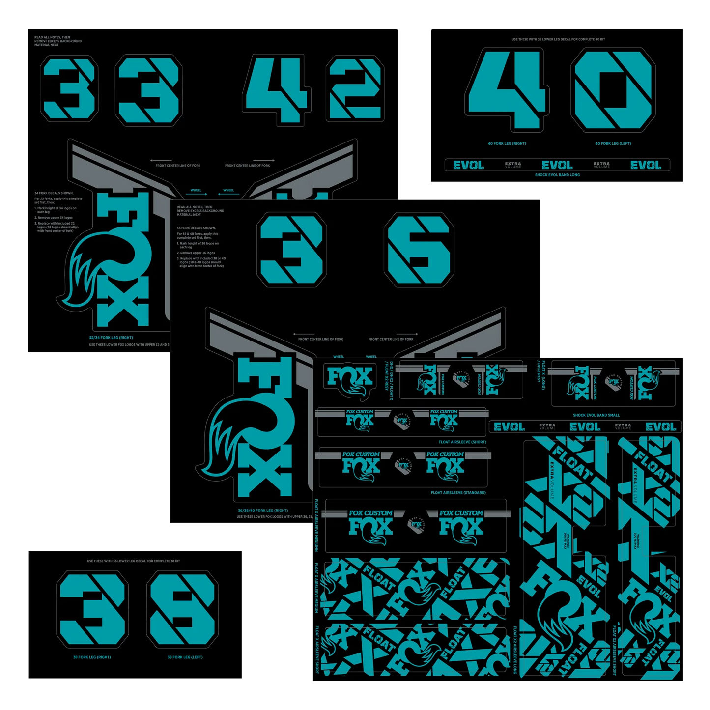 Kit di adesivi FOX turchese per forcella e ammortizzatore