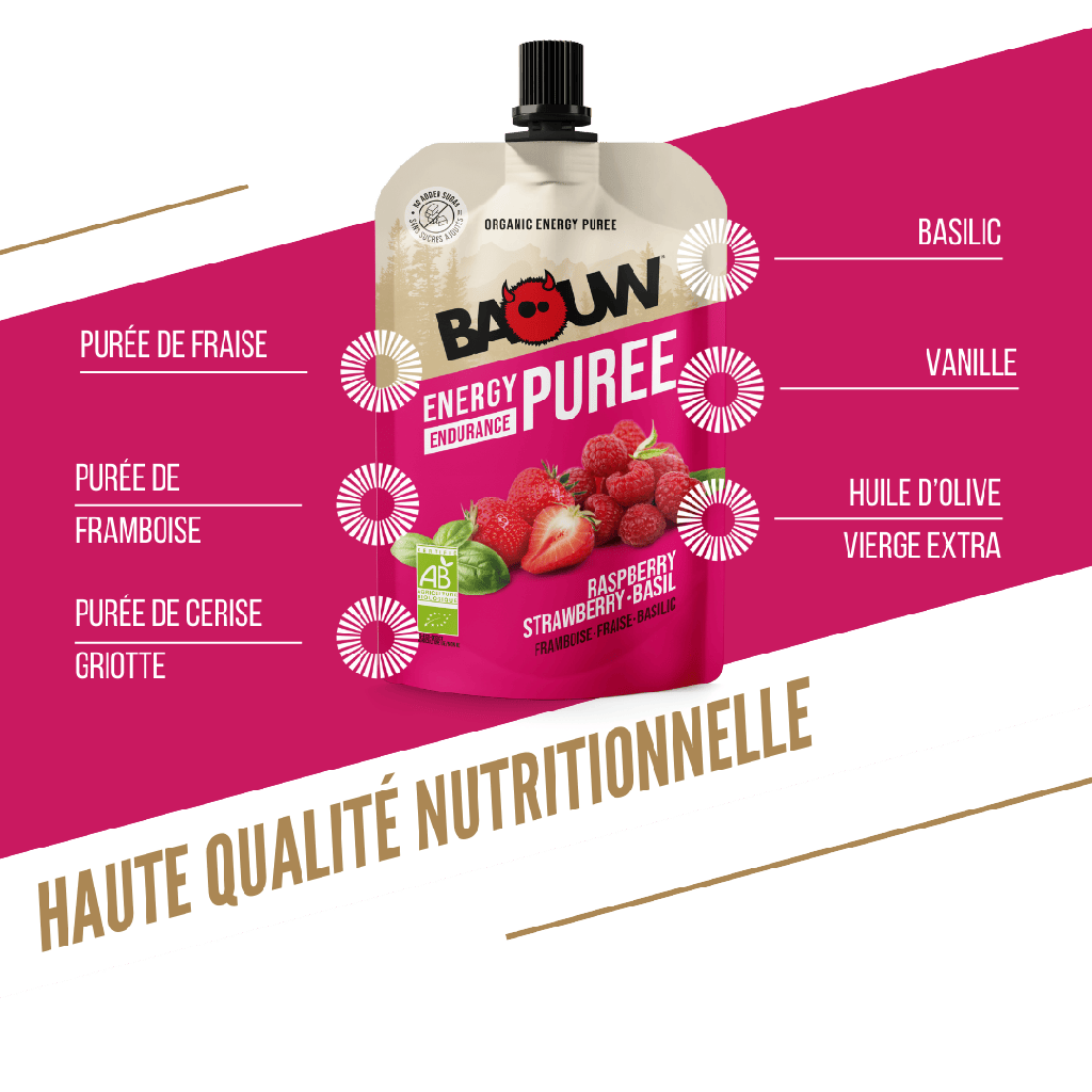 Ricetta purea energetica biologica BAOUW con frutti di lampone/fragola/basilico (90g)