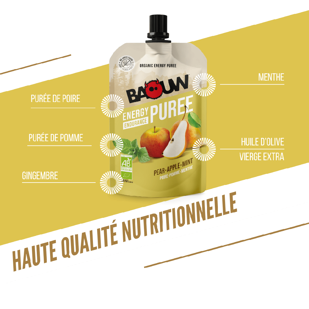 Ricetta di frutta per purea energetica biologica BAOUW pera/mela/menta (90 g)