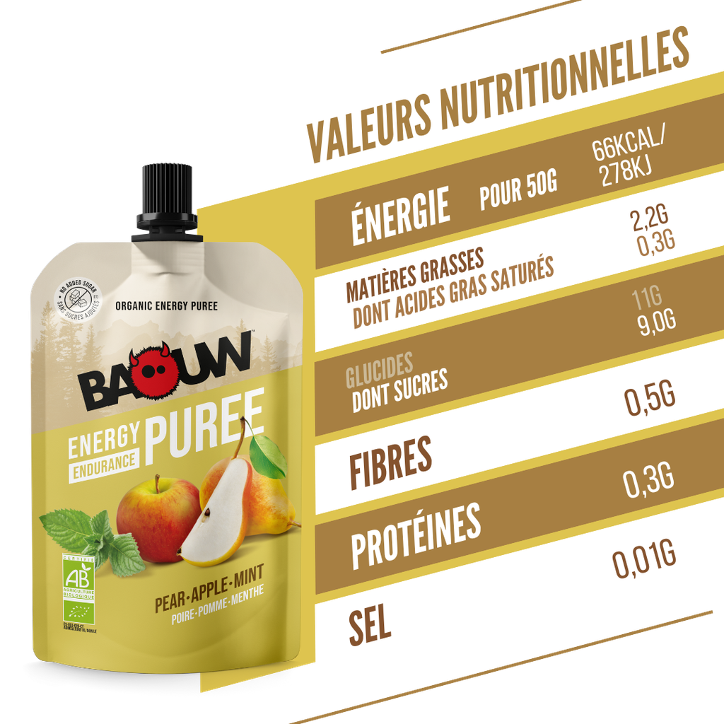 Ricetta di frutta per purea energetica biologica BAOUW pera/mela/menta (90 g)
