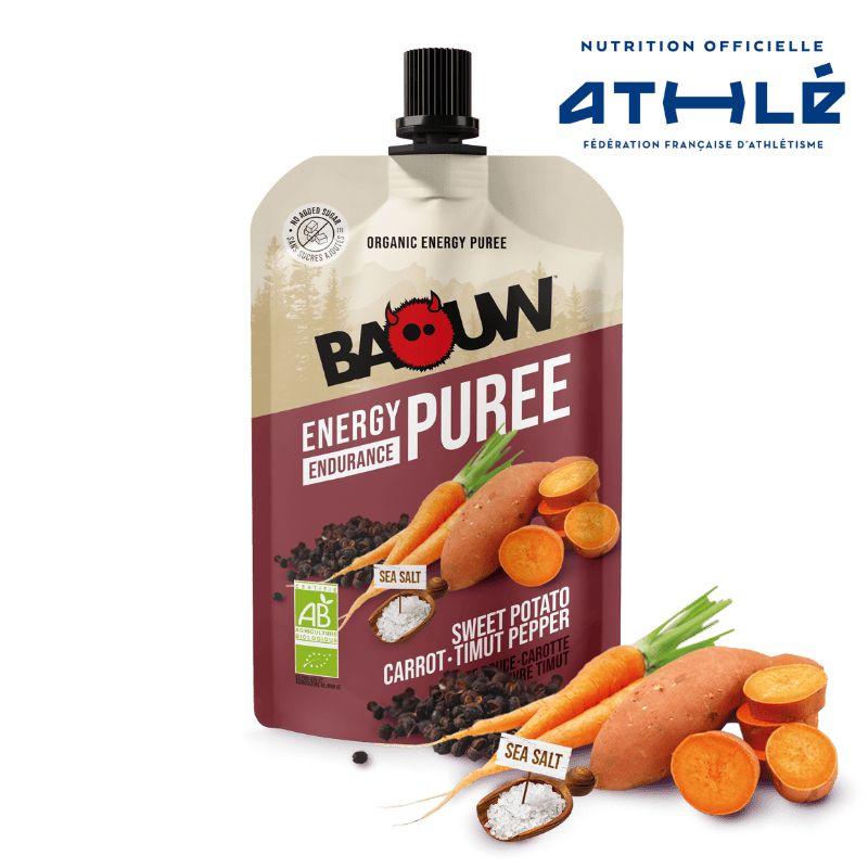 Ricetta gustosa per purea energetica biologica BAOUW di patate dolci/carota/peperone (90 g)