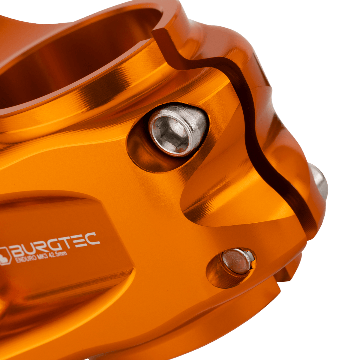 Attacco manubrio BURGTEC ENDURO MK3 arancione — dettaglio del morsetto del cannotto