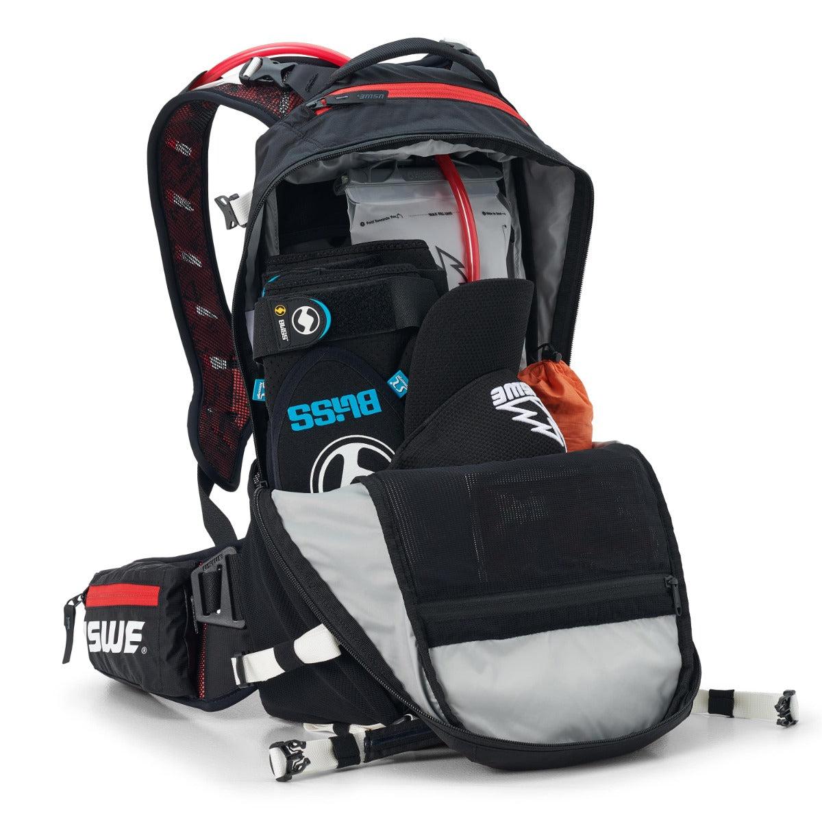 USWE FLOW 16 L Zaino con protezione dorsale integrata Nero/Rosso