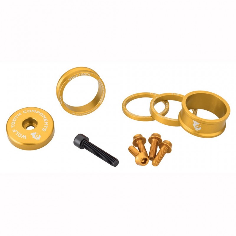 WOLFTOOTH BLING KIT Kit di distanziali, attacco manubrio e viti dorate