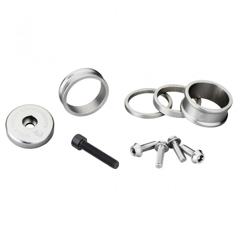 WOLFTOOTH BLING KIT Kit di distanziali, copertura dell'attacco manubrio e viti in argento