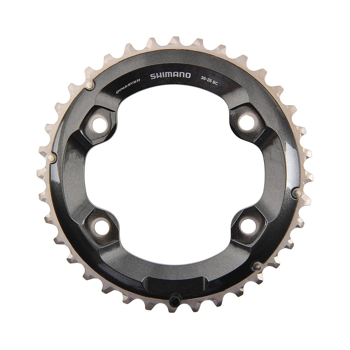 Corona esterna SHIMANO XT M8000 11 velocità, doppia, 4 fori, 96 mm — vista della corona su sfondo bianco
