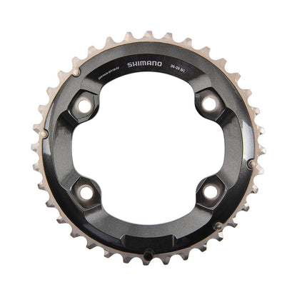 Corona esterna SHIMANO XT M8000 11 velocità, doppia, 4 fori, 96 mm — vista della corona su sfondo bianco