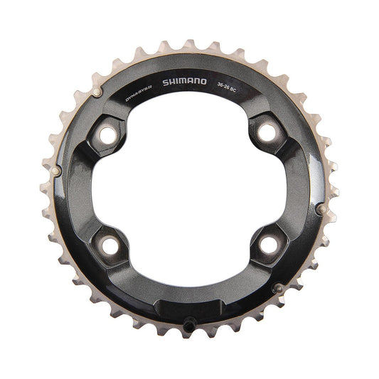 Corona esterna SHIMANO XT M8000 11 velocità, doppia, 4 fori, 96 mm — vista della corona su sfondo bianco