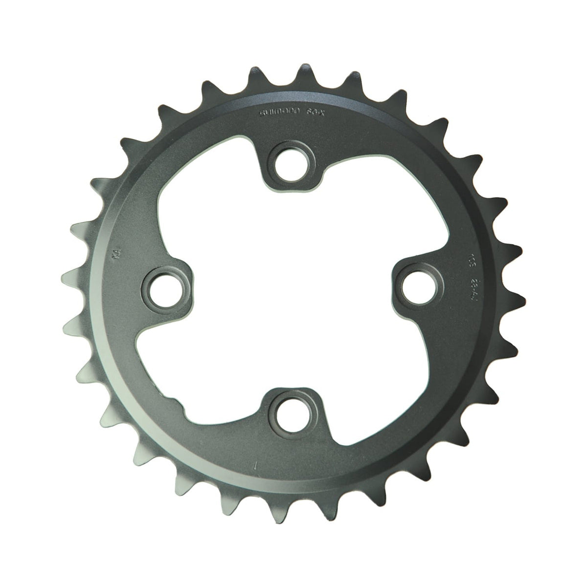Corona interna SHIMANO XT M785 10 velocità, 4 fori, 64 mm — vista della corona su sfondo bianco