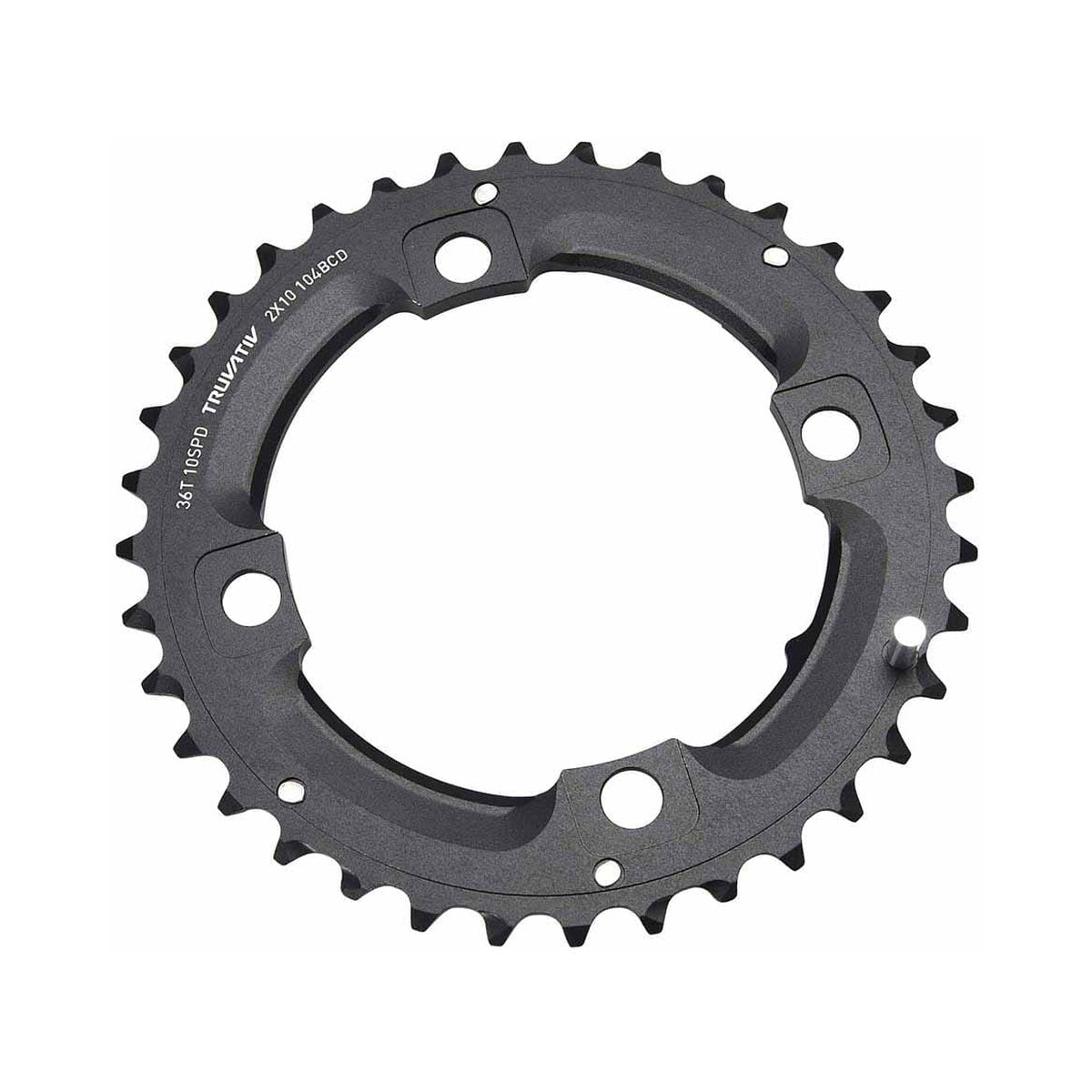 Corona esterna SRAM/TRUVATIV 10 velocità, 4 fori, 104 mm, 36 denti, L-PIN, in alluminio nera — vista della corona su sfondo bianco