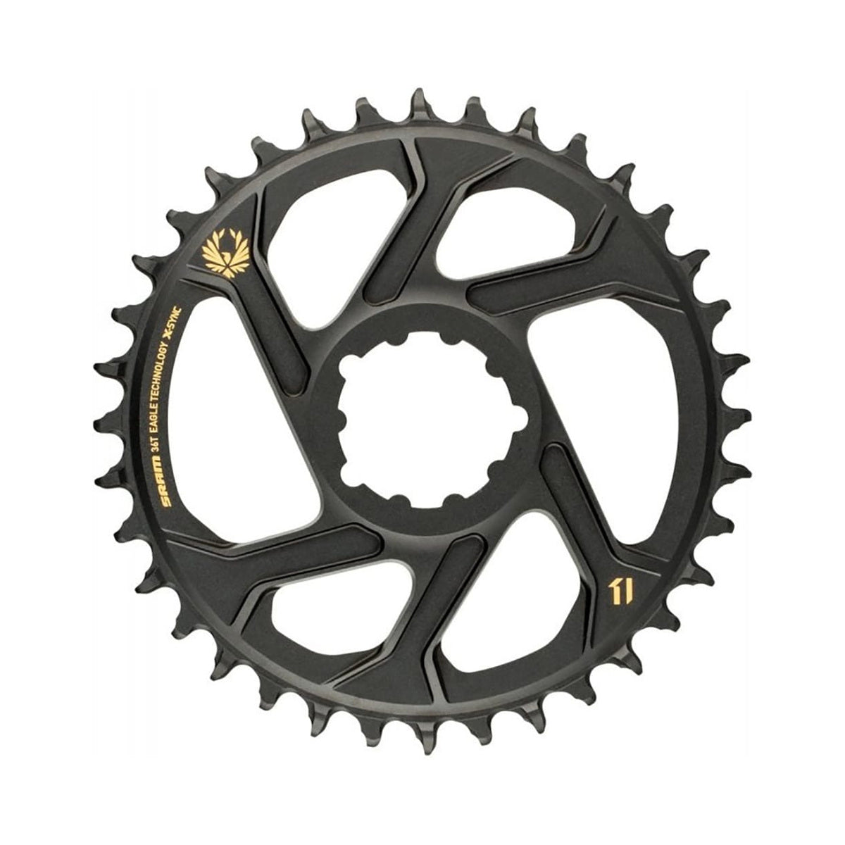 Corona monocorona SRAM EAGLE X-SYNC 2 BOOST 11/12 velocità Direct Mount offset 3 mm in alluminio nera/oro — vista della corona su sfondo bianco