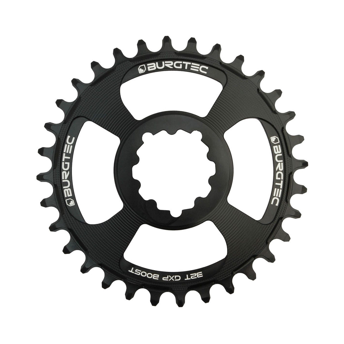 Corona monocorona BURGTEC GXP THICK THIN 11/12 velocità BOOST Direct Mount a denti stretti e larghi, offset 3 mm, nera — vista della corona su sfondo bianco