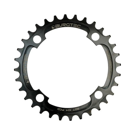 Corona monocorona BURGTEC THICK THIN 9/10/11/12 velocità a denti stretti e larghi, 4 fori, 104 mm, nera — vista della corona su sfondo bianco