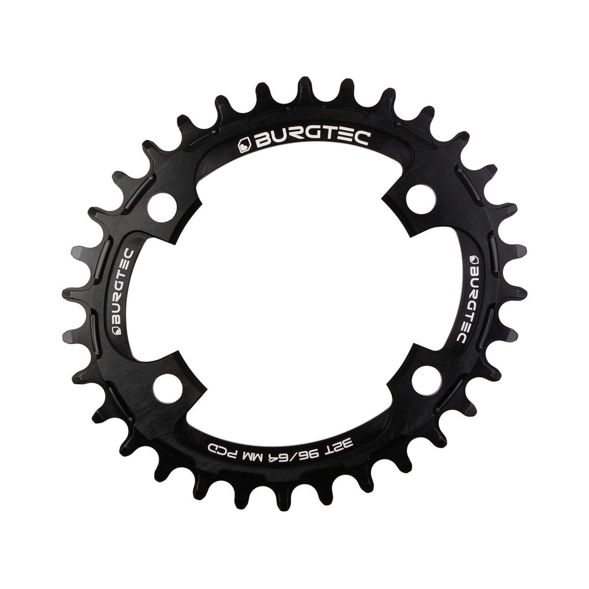 Corona monocorona BURGTEC THICK THIN ovale 10/11/12 velocità a denti stretti e larghi, 4 fori, 64/96 mm, nera — vista della corona su sfondo bianco