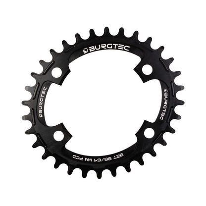 Corona monocorona BURGTEC THICK THIN ovale 10/11/12 velocità a denti stretti e larghi, 4 fori, 64/96 mm, nera — vista della corona su sfondo bianco