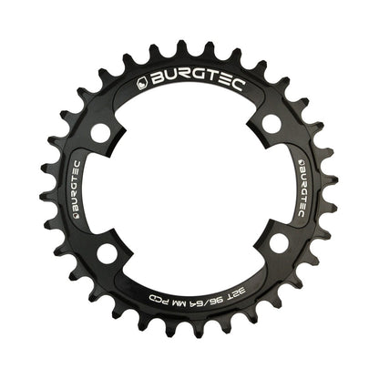 Corona monocorona BURGTEC THICK THIN 9/10/11/12 velocità a denti stretti e larghi, 4 fori, 64/96 mm, nera — vista della corona su sfondo bianco
