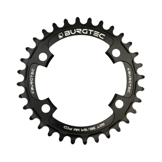 Corona monocorona BURGTEC THICK THIN 9/10/11/12 velocità a denti stretti e larghi, 4 fori, 64/96 mm, nera — vista della corona su sfondo bianco