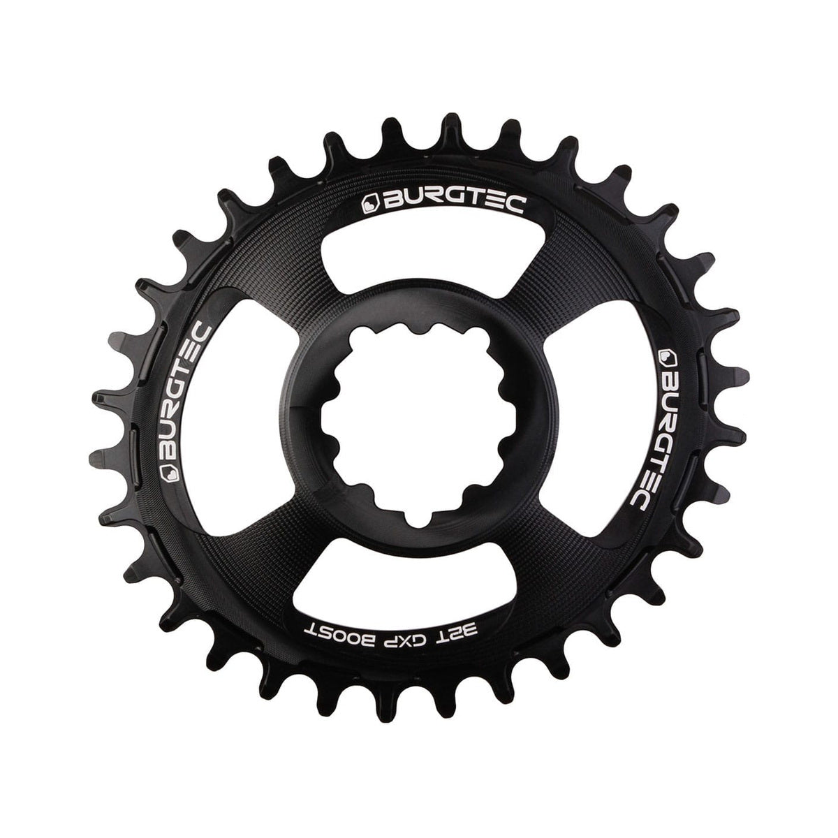 Corona monocorona ovale BURGTEC THICK THIN 11/12 velocità BOOST ad attacco diretto, dentatura stretta-larga, offset 3 mm, nera — vista della corona su sfondo bianco