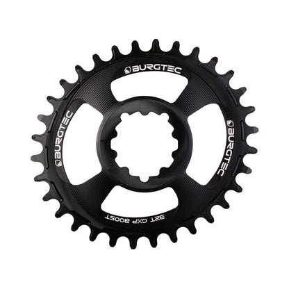 Corona monocorona ovale BURGTEC THICK THIN 11/12 velocità BOOST ad attacco diretto, dentatura stretta-larga, offset 3 mm, nera — vista della corona su sfondo bianco