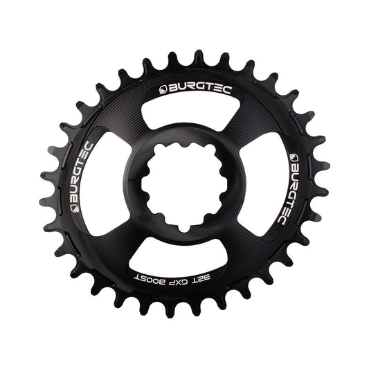 Corona monocorona ovale BURGTEC THICK THIN 11/12 velocità BOOST ad attacco diretto, dentatura stretta-larga, offset 3 mm, nera — vista della corona su sfondo bianco