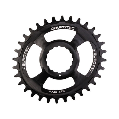 Corona monocorona BURGTEC THICK THIN ovale RaceFace Cinch 10/11/12 velocità Direct Mount a denti stretti e larghi, nera — vista della corona su sfondo bianco