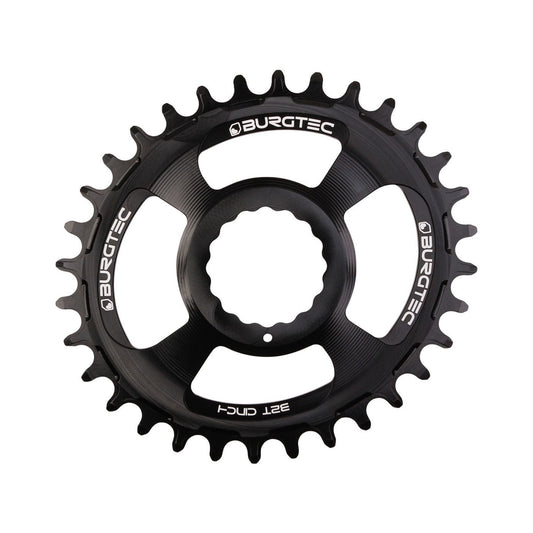 Corona monocorona BURGTEC THICK THIN ovale RaceFace Cinch 10/11/12 velocità Direct Mount a denti stretti e larghi, nera — vista della corona su sfondo bianco