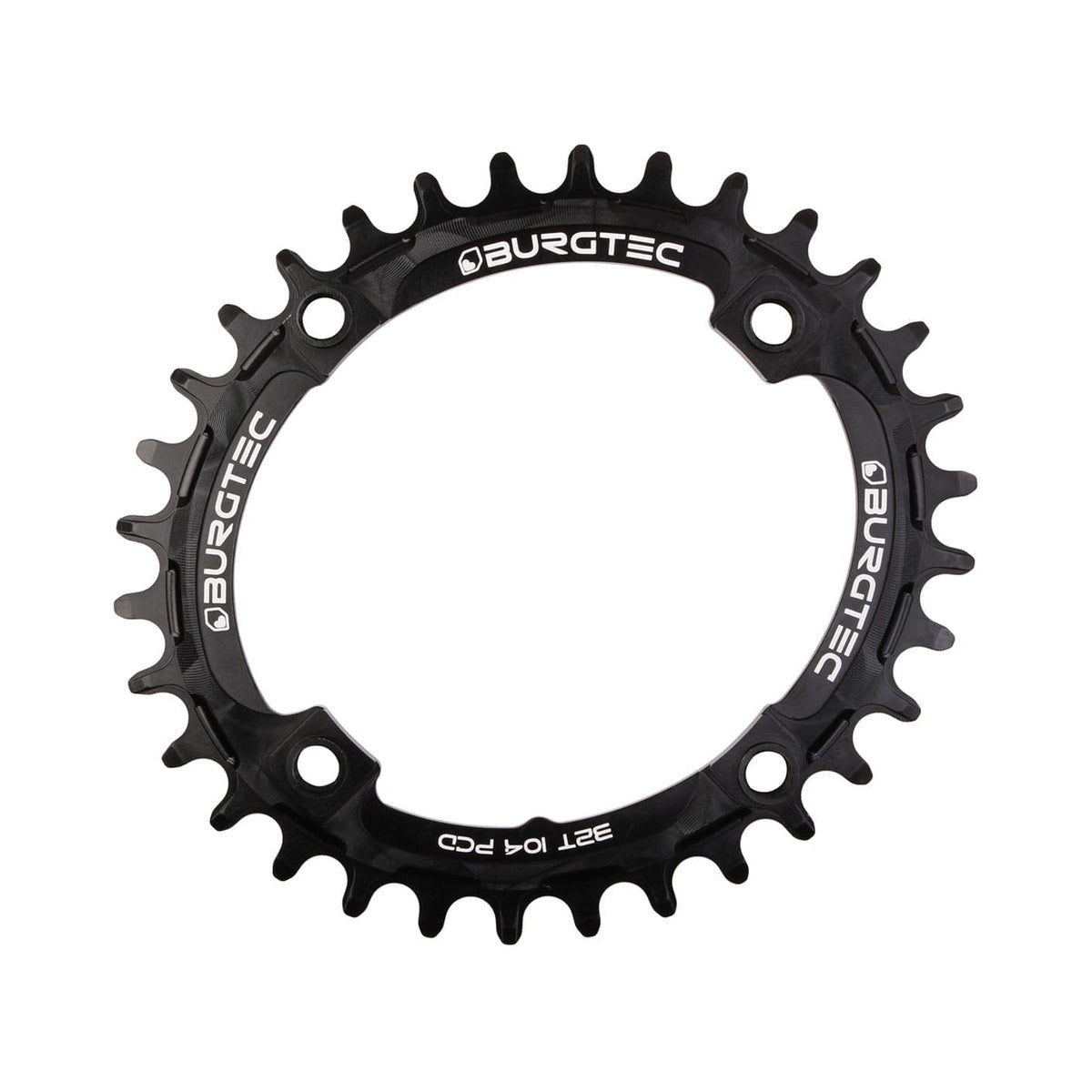 Corona monocorona BURGTEC THICK THIN ovale 10/11/12 velocità a denti stretti e larghi, 4 fori, 104 mm, nera — vista della corona su sfondo bianco