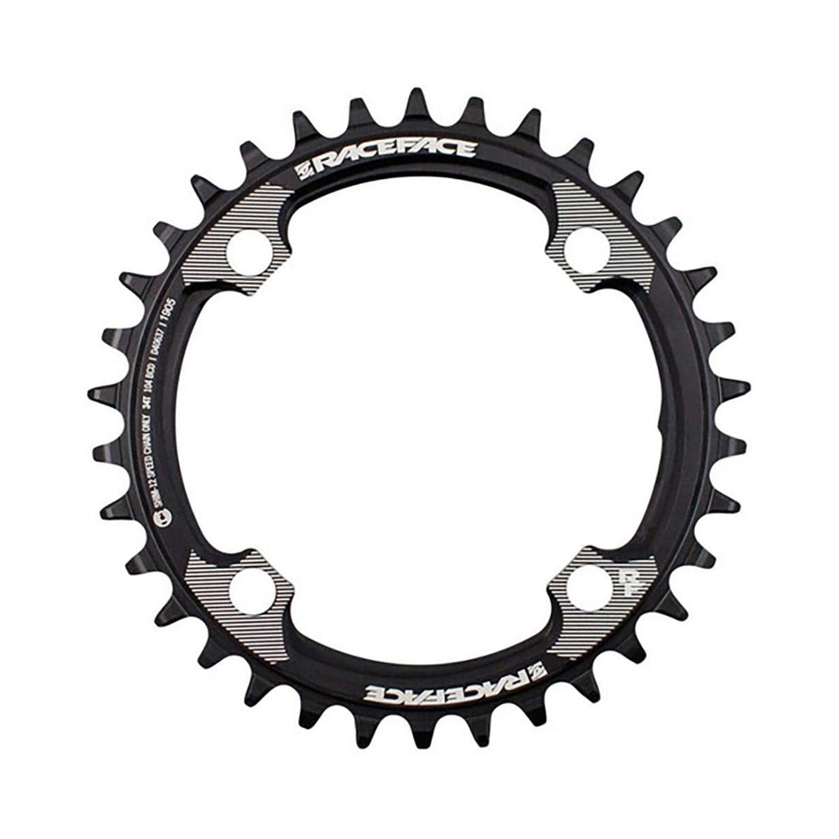 Corona monocorona RACE FACE compatibile con Shimano 12 velocità, 4 fori, 104 mm, nera — vista della corona su sfondo bianco