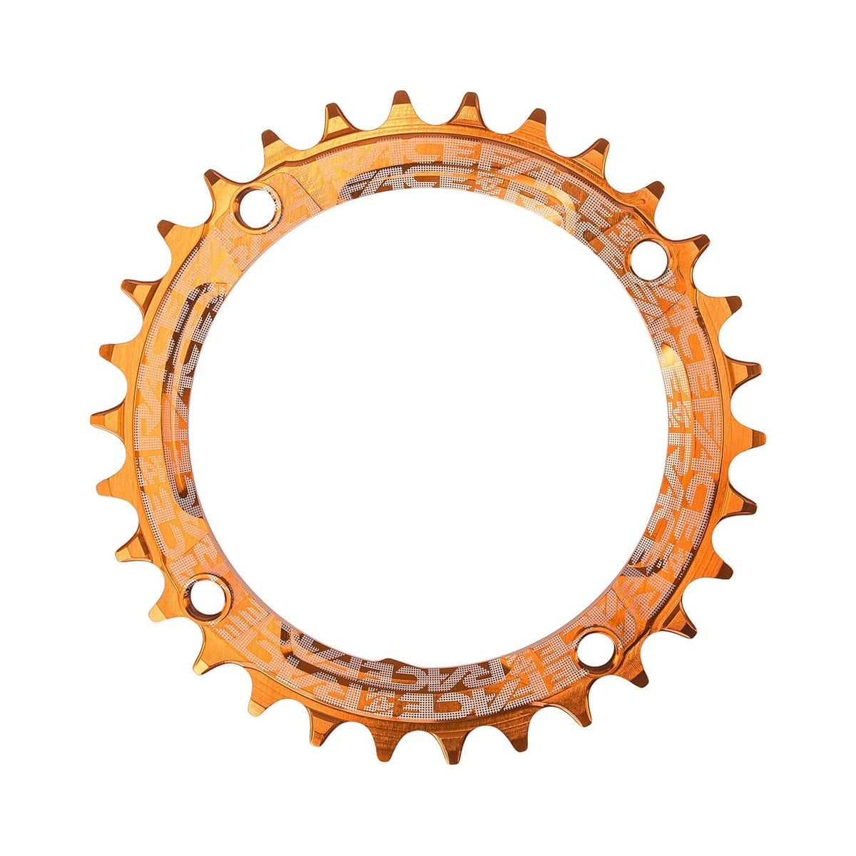 Corona monocorona RACE FACE a denti stretti e larghi, 9/10/11/12 velocità, 4 fori, 104 mm, arancione — vista della corona su sfondo bianco