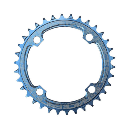 Corona monocorona RACE FACE a denti stretti e larghi, 9/10/11/12 velocità, 4 fori, 104 mm, blu — vista della corona su sfondo bianco