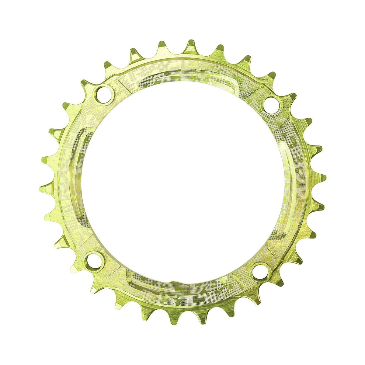 Corona monocorona RACE FACE a denti stretti e larghi, 9/10/11/12 velocità, 4 fori, 104 mm, verde — vista della corona su sfondo bianco