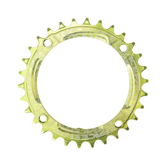 Corona monocorona RACE FACE a denti stretti e larghi, 9/10/11/12 velocità, 4 fori, 104 mm, verde — vista della corona su sfondo bianco