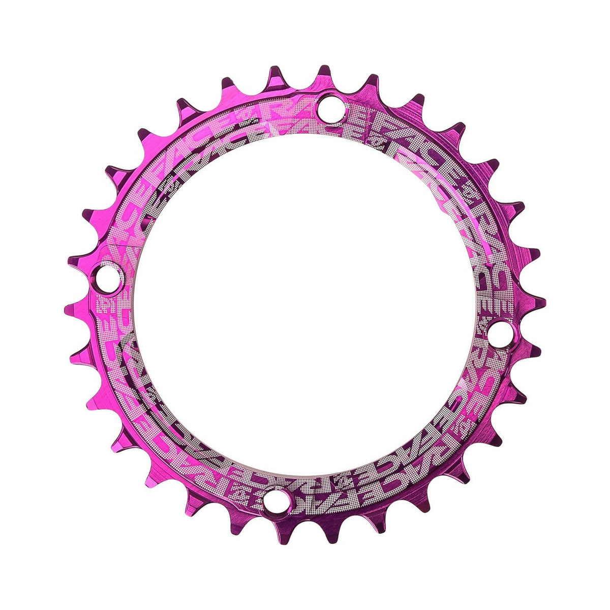 Corona monocorona RACE FACE a denti stretti e larghi, 9/10/11/12 velocità, 4 fori, 104 mm, viola — vista della corona su sfondo bianco