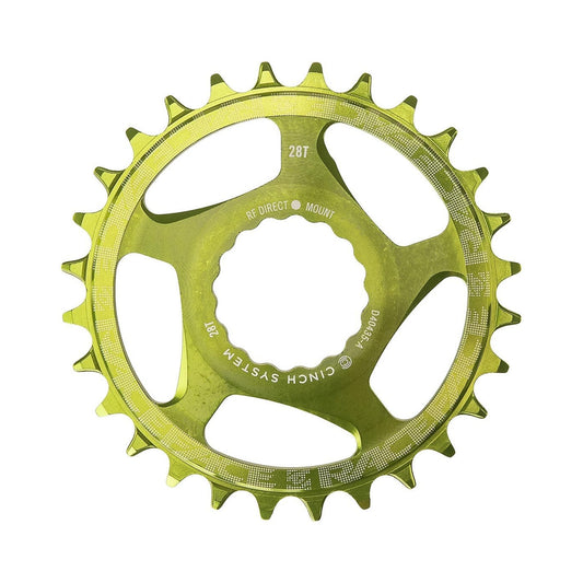 Corona monocorona RACE FACE a denti stretti e larghi, 9/10/11/12 velocità, Cinch Direct Mount, verde — vista della corona su sfondo bianco