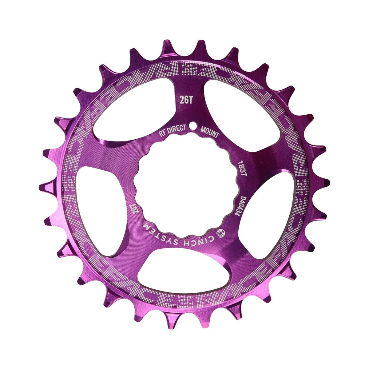 Corona monocorona RACE FACE a denti stretti e larghi, 9/10/11/12 velocità, Cinch Direct Mount, viola — vista della corona su sfondo bianco