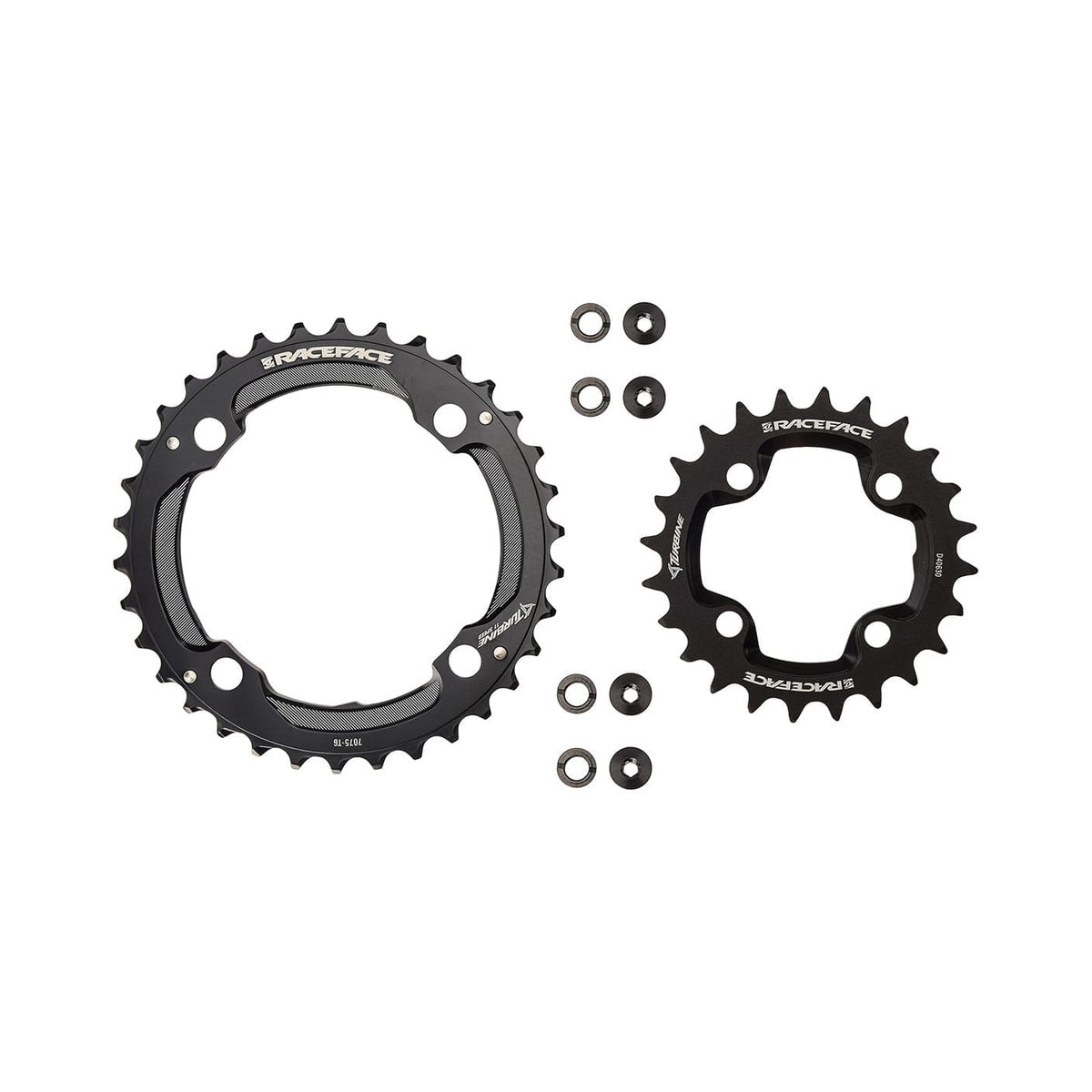 Set di corone per guarnitura doppia RACE FACE TURBINE 11 velocità, nero — vista delle corone su sfondo bianco