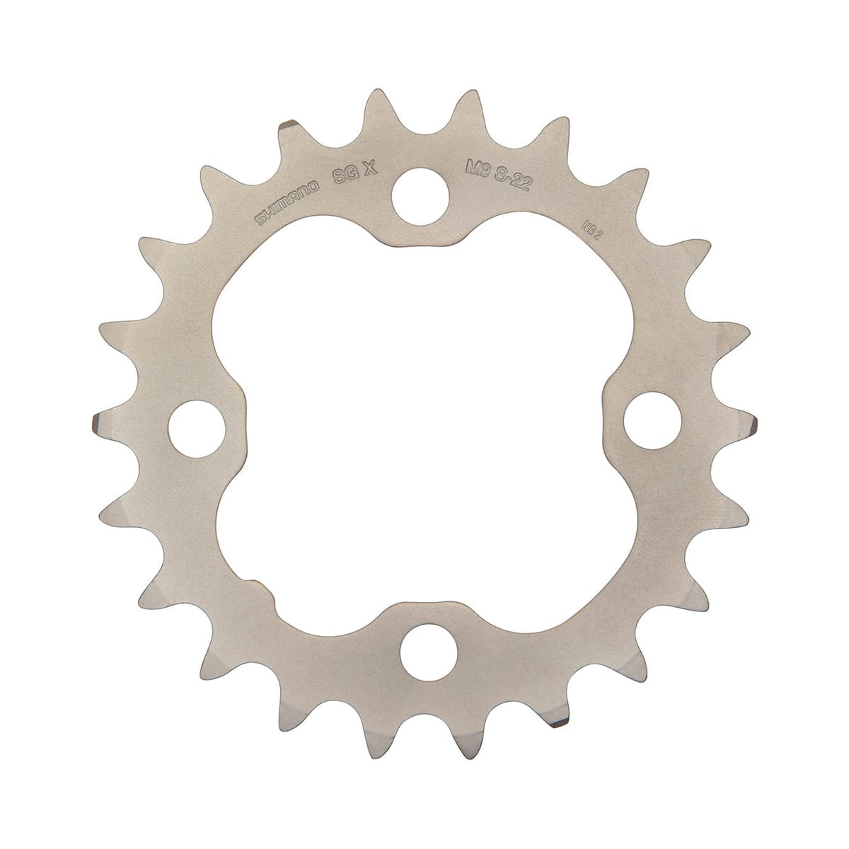 Corona interna SHIMANO DEORE M590 9 velocità, 4 fori, 64 mm, argento — vista della corona su sfondo bianco