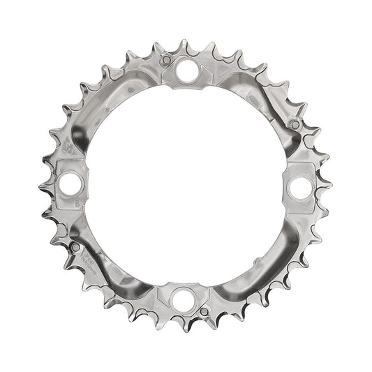 Corona intermedia SHIMANO DEORE M530 9 velocità, 4 fori, 104 mm, argento — vista della corona su sfondo bianco