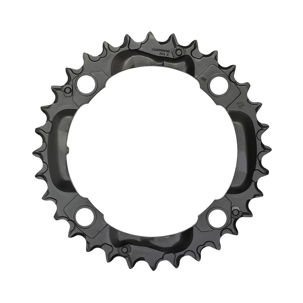 Corona intermedia SHIMANO DEORE M590 9 velocità, 4 fori, 104 mm, nera — vista della corona su sfondo bianco