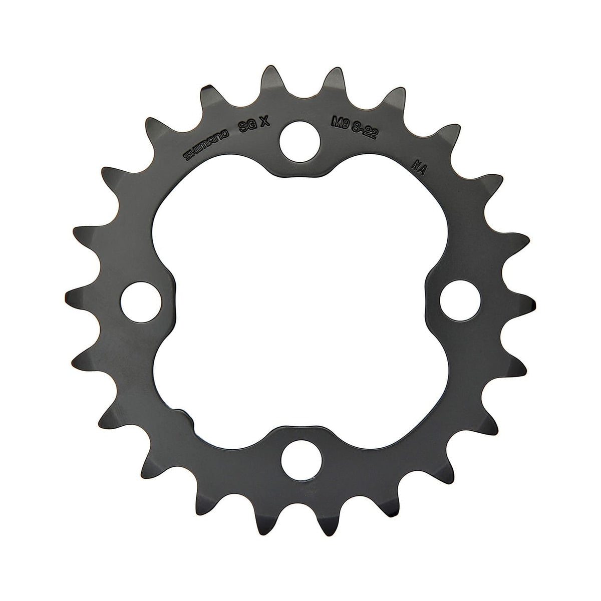 Corona interna SHIMANO DEORE M590 9 velocità, 4 fori, 64 mm, nera — vista della corona su sfondo bianco