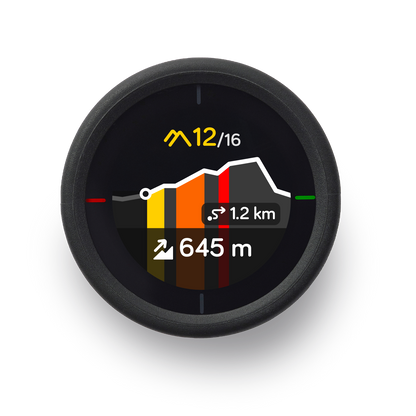 Ciclocomputer GPS BEELINE VELO 2 — vista frontale, schermata delle indicazioni di percorso e del dislivello