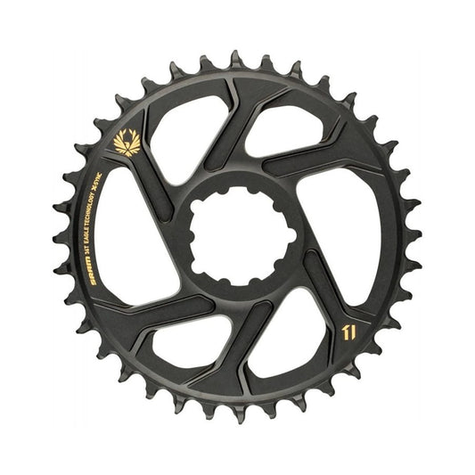 Corona monocorona SRAM EAGLE X-SYNC 2 a dentatura stretta-larga BOOST 11/12 velocità ad attacco diretto, offset 3 mm, dorata — vista della corona su sfondo bianco