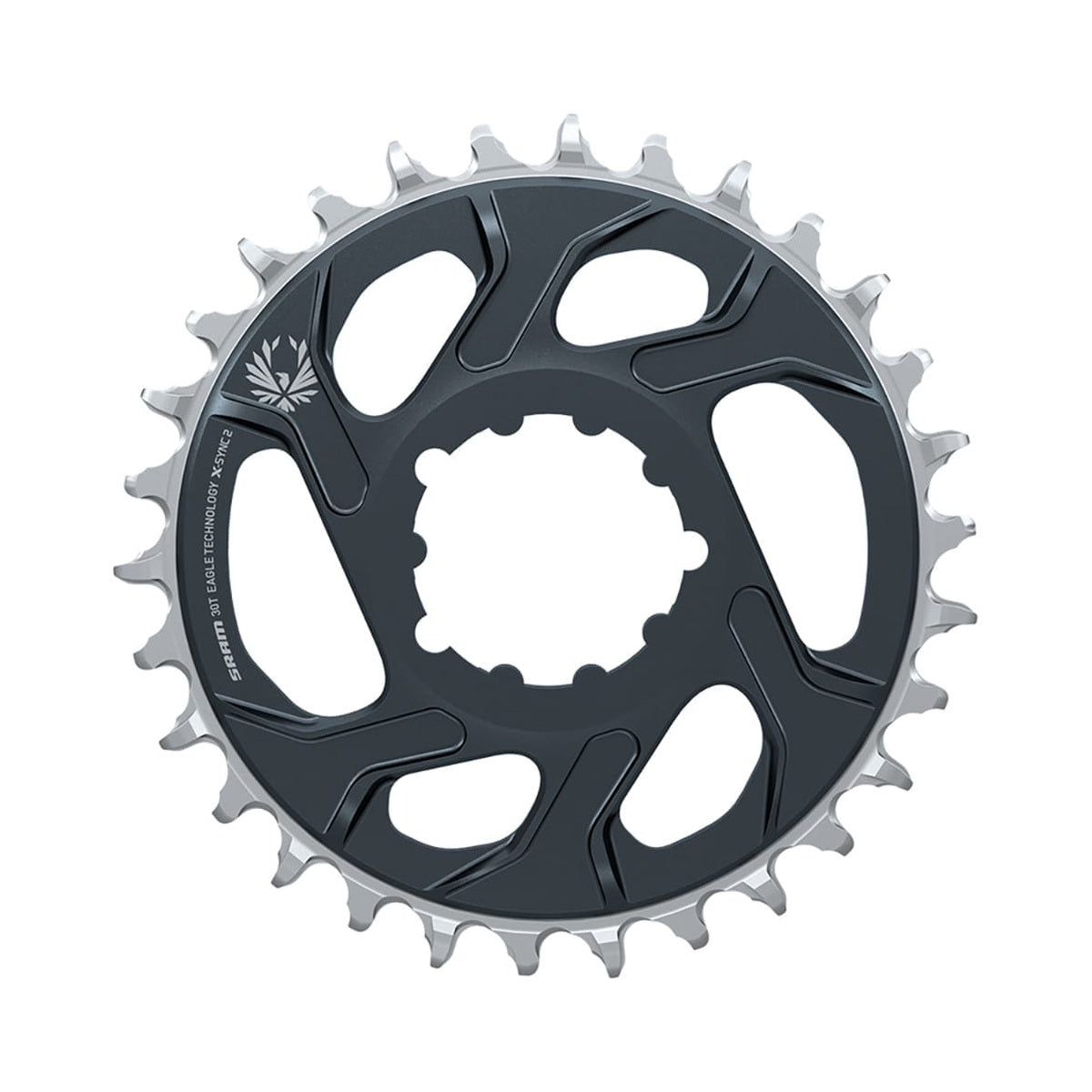 Corona monocorona SRAM EAGLE X-SYNC 2 BOOST 11/12 velocità ad attacco diretto, offset 3 mm, grigio lunare — vista della corona su sfondo bianco