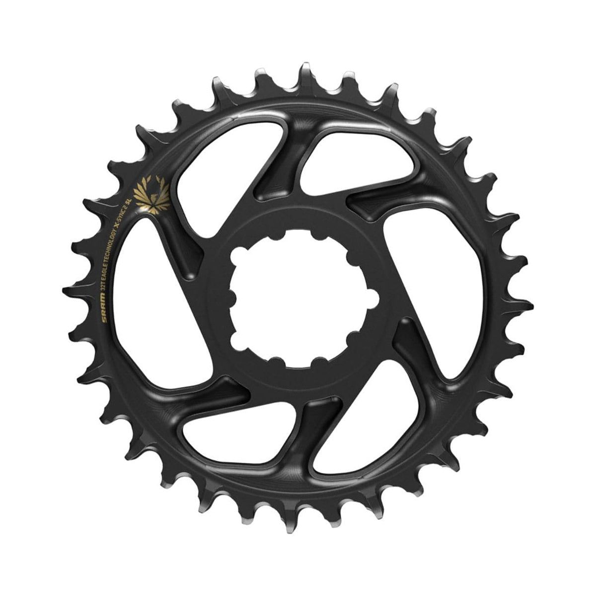 Corona monocorona SRAM EAGLE X-SYNC 2 SL BOOST 12 velocità ad attacco diretto, offset 3 mm, nera/oro — vista della corona su sfondo bianco