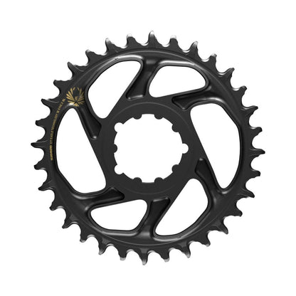 Corona monocorona SRAM EAGLE X-SYNC 2 SL BOOST 12 velocità ad attacco diretto, offset 3 mm, nera/oro — vista della corona su sfondo bianco
