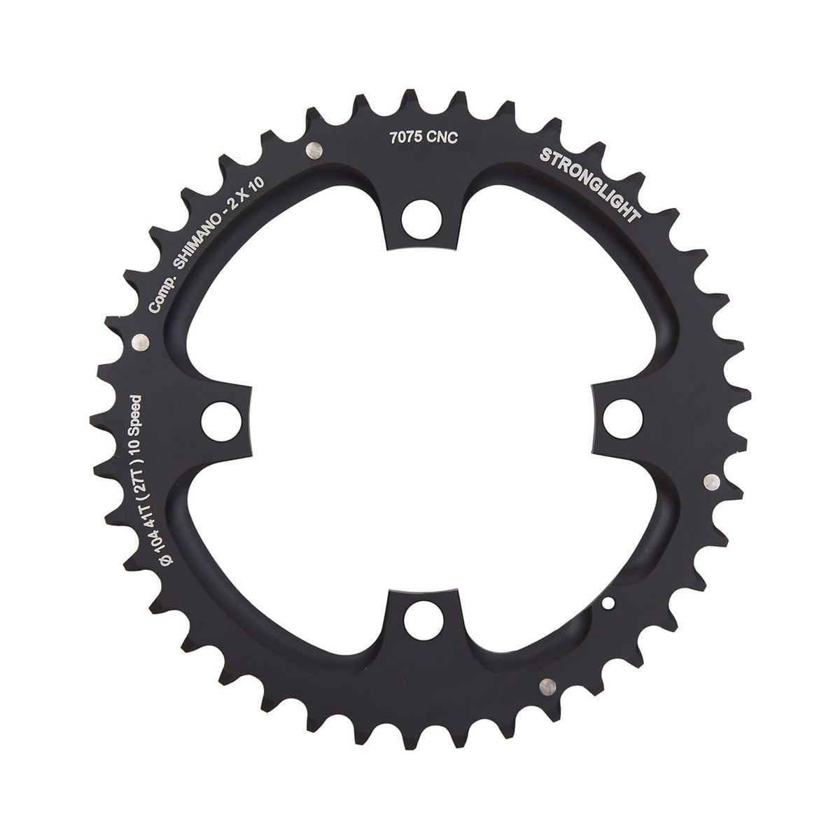 Corona esterna STRONGLIGHT in alluminio 7075 per guarnitura doppia, 10 velocità, 4 fori, 104 mm — vista della corona su sfondo bianco