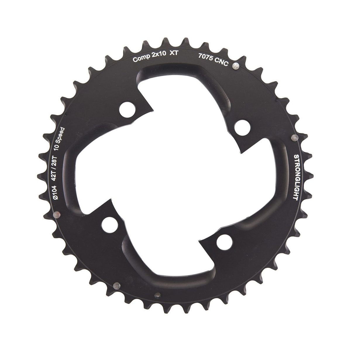 Corona esterna STRONGLIGHT SHIMANO XT M785 10 velocità, 4 fori, 104 mm — vista della corona su sfondo bianco