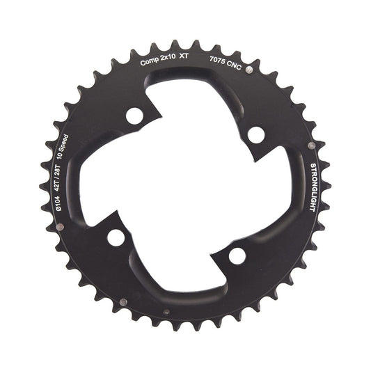 Corona esterna STRONGLIGHT SHIMANO XT M785 10 velocità, 4 fori, 104 mm — vista della corona su sfondo bianco