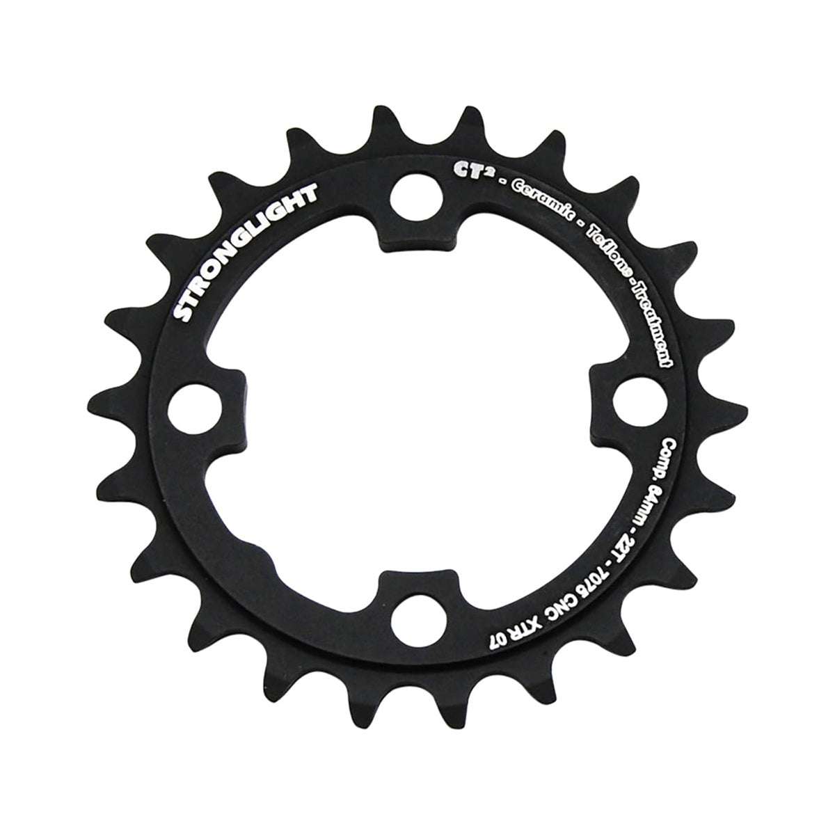 Corona interna STRONGLIGHT CT² SHIMANO XTR M970 9 velocità, 4 fori, 64 mm — vista della corona su sfondo bianco